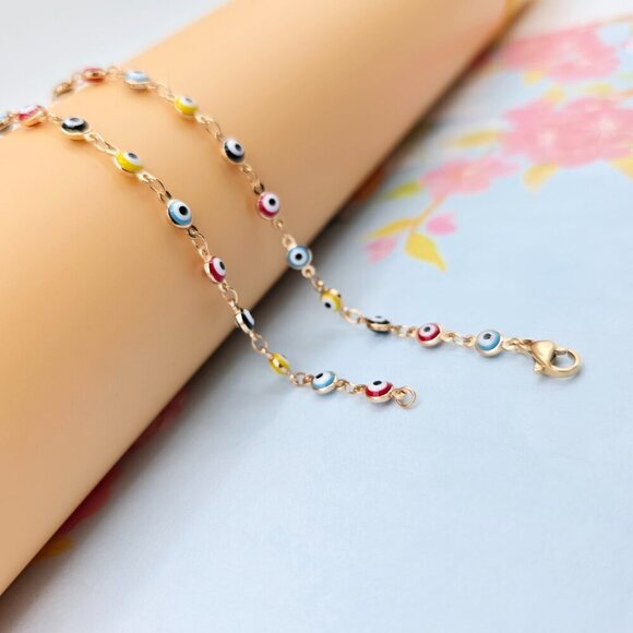 Colorful Evil Eye Rose Gold Necklace, 18 Inch, Gold Plated Brass, XPNL0102 - Picture 9 of 12